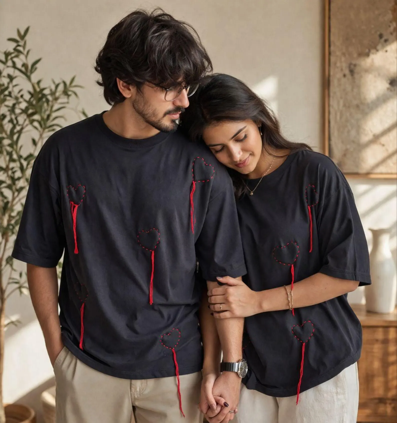 Handcrafted Hand Embroidered 3d Heart Couple T-Shirt | Matching Oversized Streetwear | Romantic Minimal Art Tee | Unisex Drop Shoulder